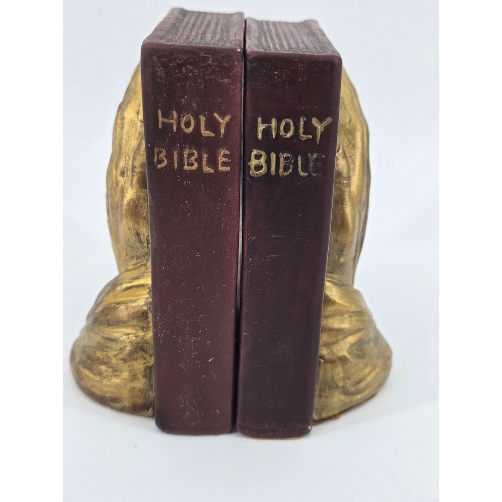 Vintage Lego Japan Praying Hands Holy Bible Bookends Gold Burgundy Religious